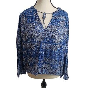 Lucky Brand Womens Blouse M Blue Paisley Boho Peasant Top Long Sleeve